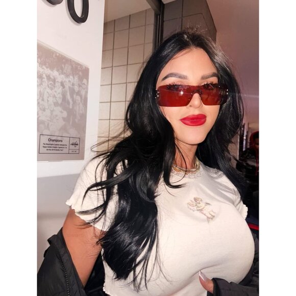 Rimless Y2K Rectangle Dark Red Sunglasses Women and Men Vintage Retro Eyewear - Picture 2 of 6